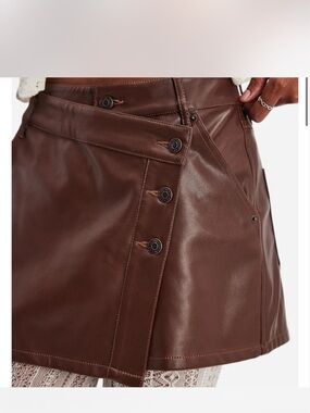 We The Free Brown Asymmetrical Faux Leather Button Mini Skirt